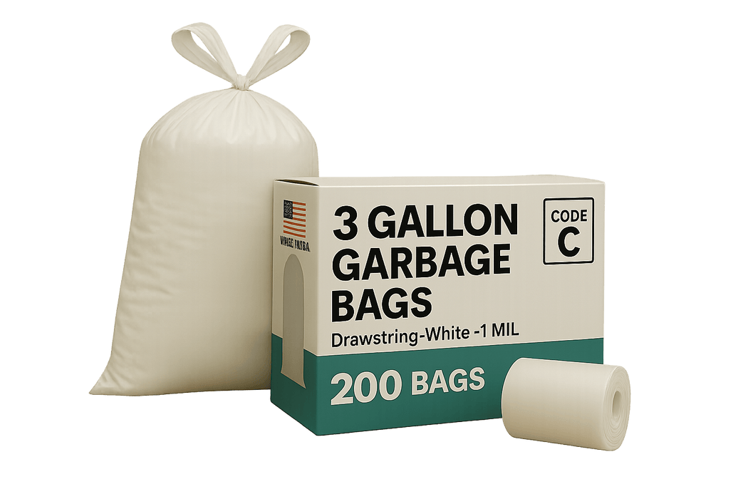 3 Gallon Garbage Bags, Drawstring: White, 1 MIL, 14.75x20, CODE C