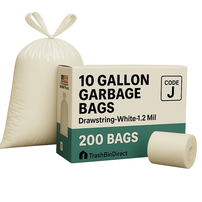 10 Gallon Garbage Bags, Drawstring: White, 1.2 Mil, 21x28, CODE J