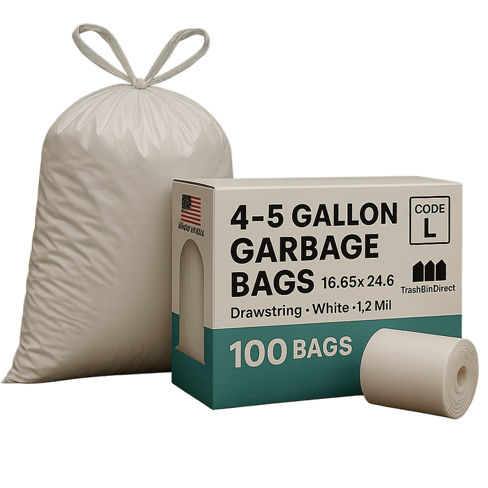 4-5 Gallon Garbage Bags, Drawstring: White,1.2 Mil, 16.65 x 24.6, 100 BAGS, CODE L