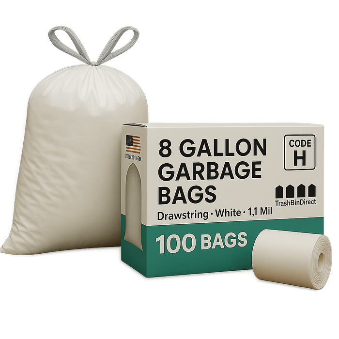 8 Gallon Garbage Bags, Drawstring: White, 1.1 Mil, 18.5x28, CODE H