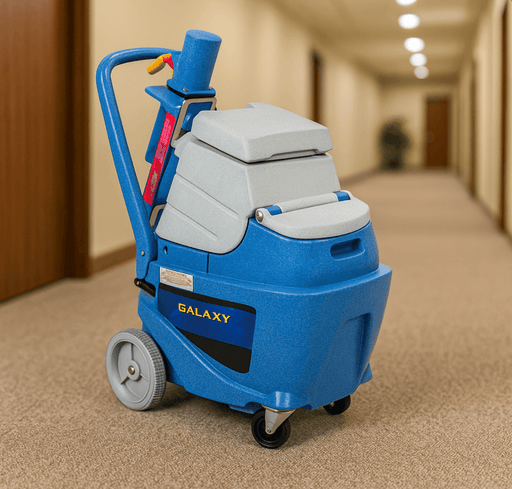 EDIC Galaxy 5 commercial carpet extractor positioned in a clean office hallway with beige carpet, showing its durable design and portability features