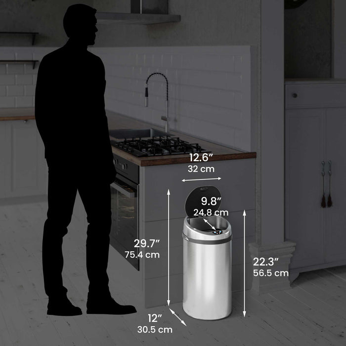 HLS Commercial 8 Gallon / 30 Liter Round Stainless Steel Sensor Commercial Trash Can with Odor Filter
