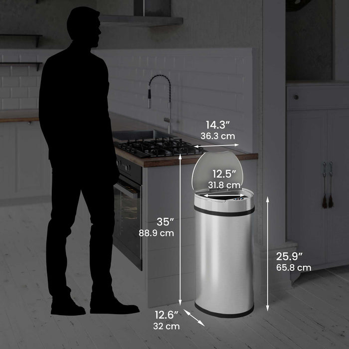 HLS Commercial 13 Gallon Stainless Steel Semi-Round Sensor Commercial Trash Can with Odor Filter