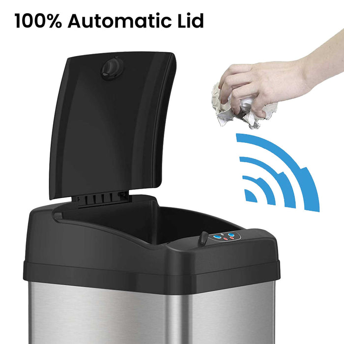 HLS Commercial 13 Gallon Stainless Steel Rectangular Sensor Commercial Trash Can with Odor Filter