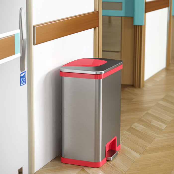 HLS Commercial 13 Gallon Stainless Steel Pedal-Sensor Commercial Trash Can with Odor Filter (Red Trim)