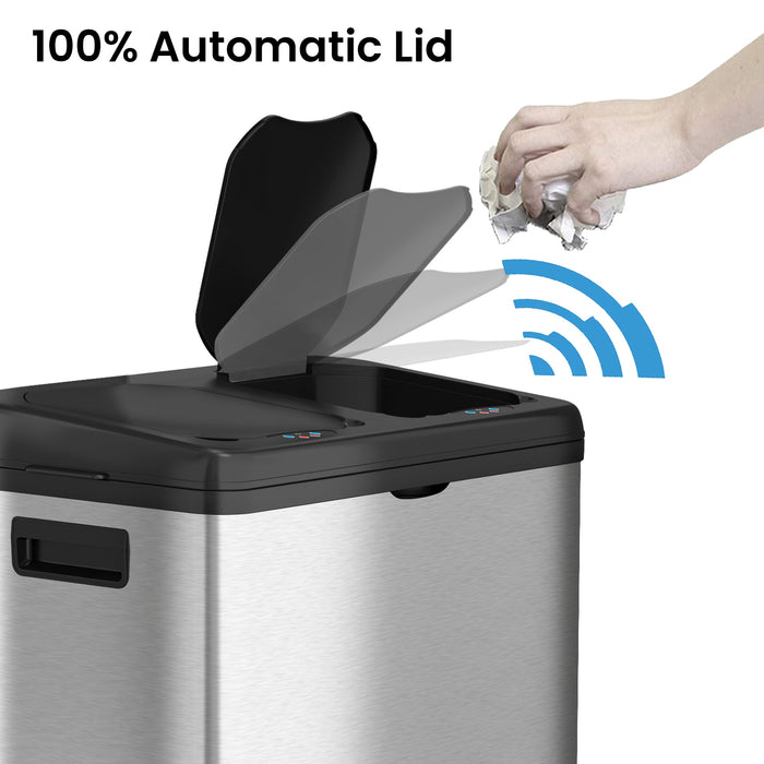 HLS Commercial 16 Gallon / 61 Liter Stainless Steel Combo Sensor Commercial Recycle Bin and Trash Can with Wheels