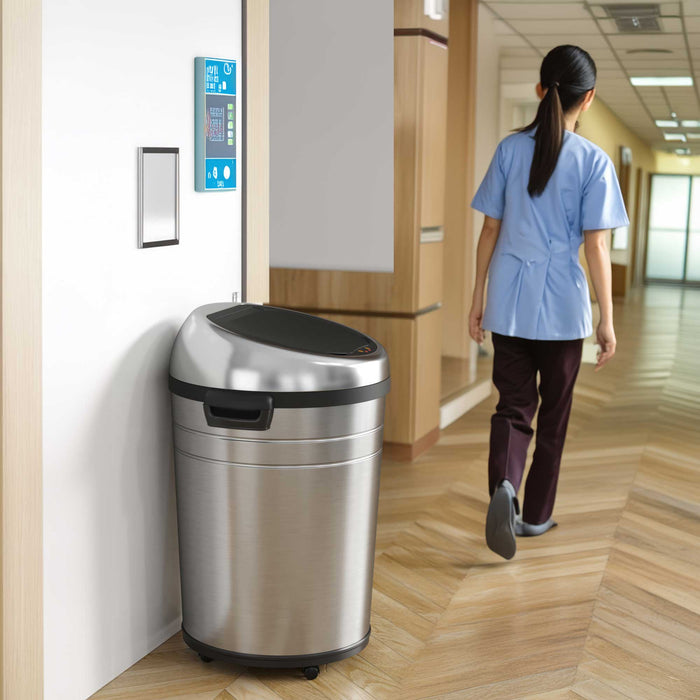 HLS Commercial 18 Gallon / 68 Liter Stainless Steel Extra Large Round Sensor Commercial Trash Can with Wheels and Dual Odor Filters