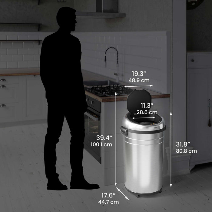 HLS Commercial 23 Gallon / 87 Liters Stainless Steel Extra Large Round Sensor Commercial Trash Can with Wheels and Dual Odor Filters