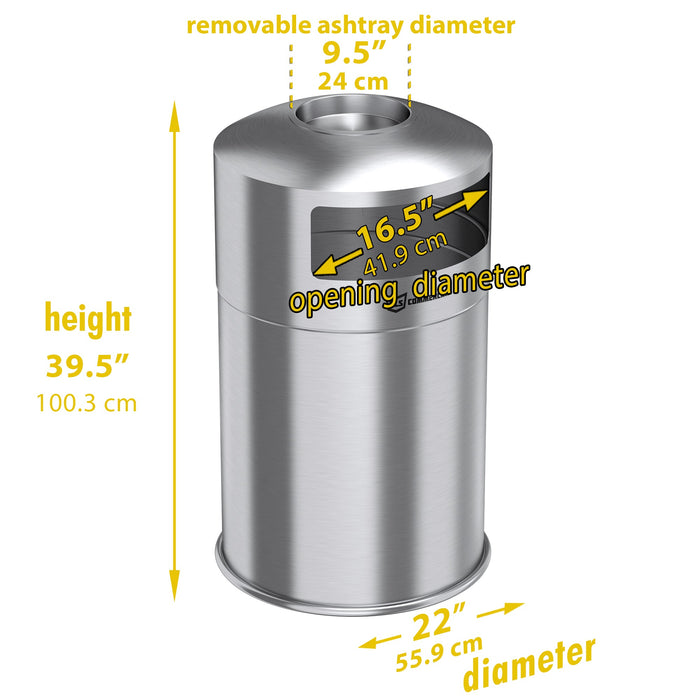 HLS Commercial 50 Gallon / 189 Liter Indoor Dual Side-Entry Stainless Steel Round Commercial Trash Can with Removable Ashtray