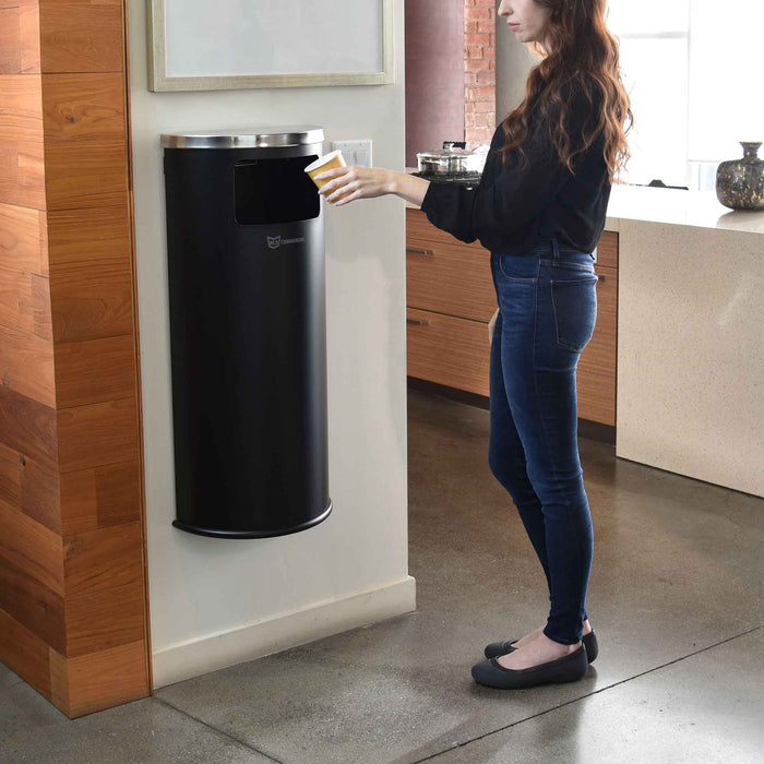 HLS Commercial 9 Gallon / 34 Liter Black Powder-Coated Steel Half-Round Side-Entry Commercial Trash Can with Removable Inner Bucket