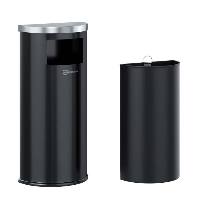 HLS Commercial 9 Gallon / 34 Liter Black Powder-Coated Steel Half-Round Side-Entry Commercial Trash Can with Removable Inner Bucket