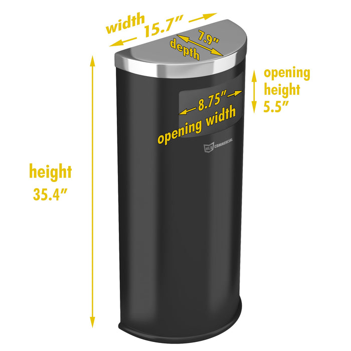 HLS Commercial 9 Gallon / 34 Liter Black Powder-Coated Steel Half-Round Side-Entry Commercial Trash Can with Removable Inner Bucket