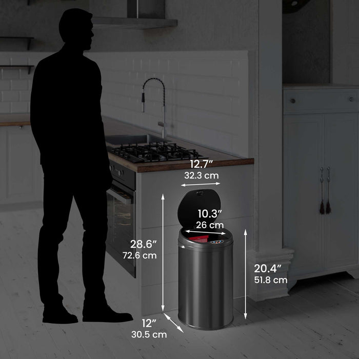 HLS Commercial 8 Gallon / 30 Liter Black Stainless Steel Round Sensor Commercial Trash Can with Odor Filter