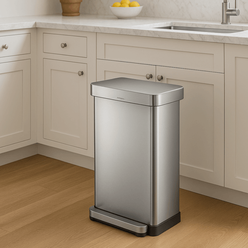 Simplehuman stainless steel step trash can placed in a modern kitchen with white cabinets, marble countertops, and natural wood flooring