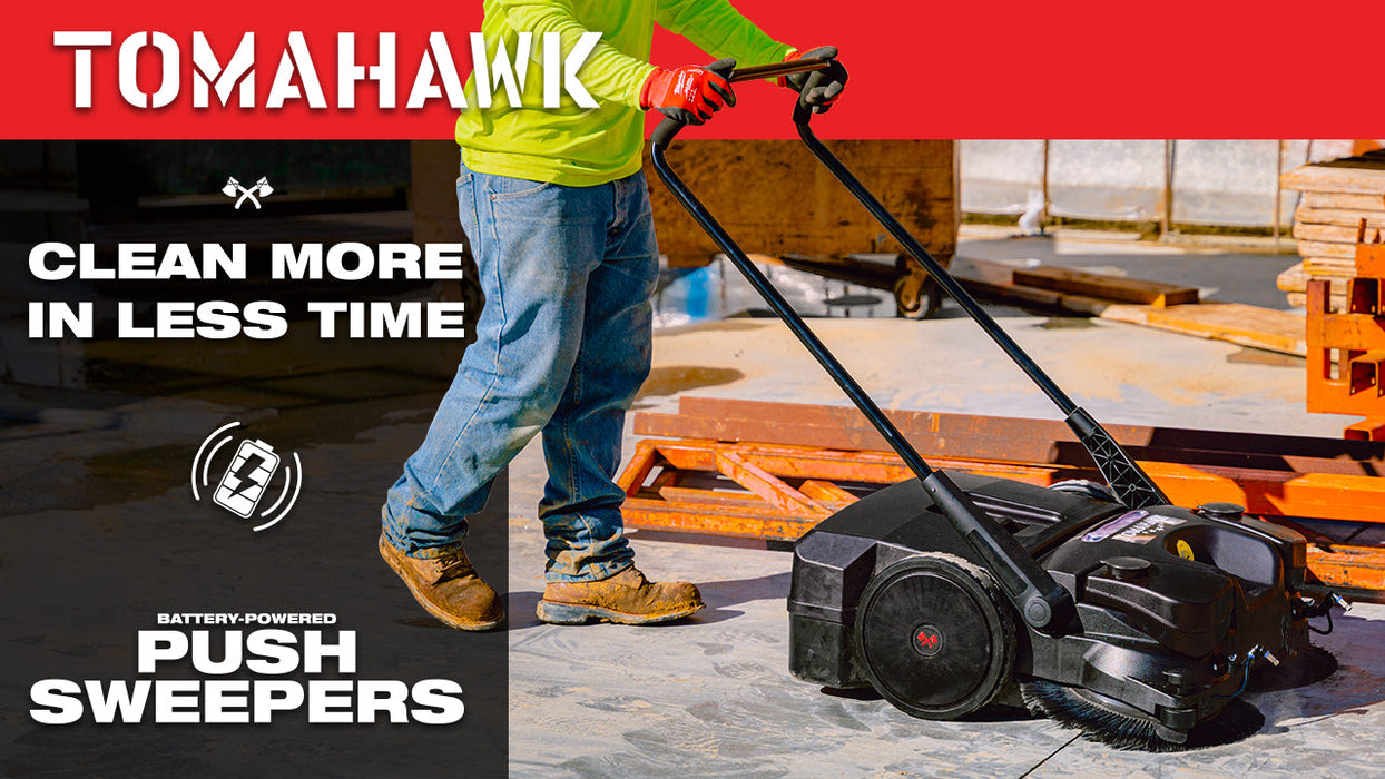 Tomahawk 30" Battery Powered Push Sweeper with Triple Power Brooms Electric Drive and Dust Suppression eTOS30