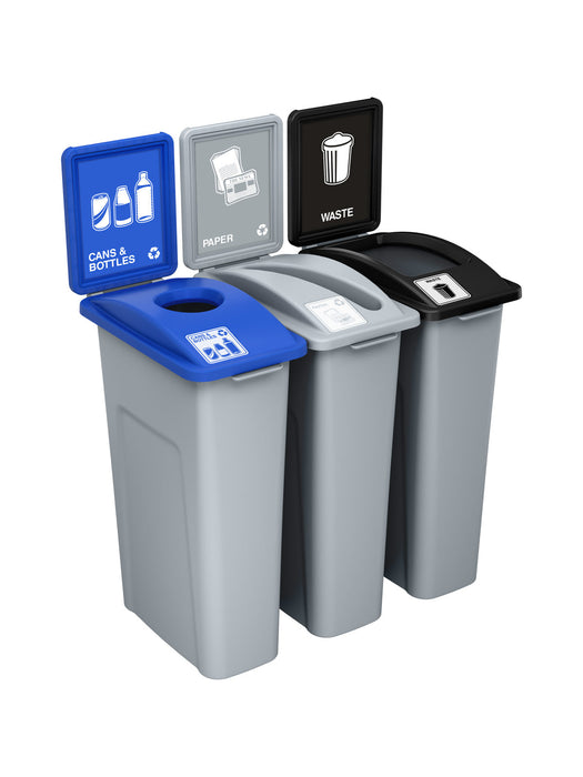 Busch Systems WASTE WATCHER - Triple - Kit - Cans & Bottles-Paper-Waste - Circle-Slot-Full - Grey-Blue-Grey-Black