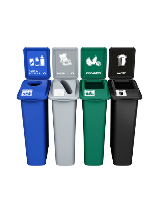 Busch Systems WASTE WATCHER - Quad - Kit - Cans & Bottles-Paper-Organics-Waste - Circle-Slot-Full - Blue-Grey-Green-Black
