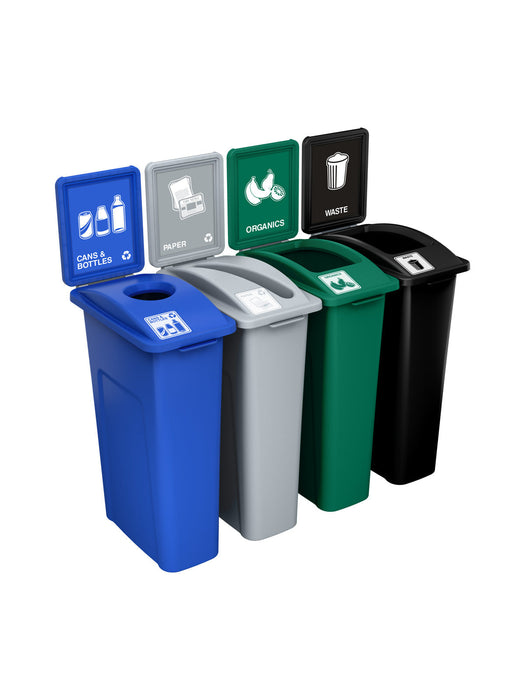 Busch Systems WASTE WATCHER - Quad - Kit - Cans & Bottles-Paper-Organics-Waste - Circle-Slot-Full - Blue-Grey-Green-Black