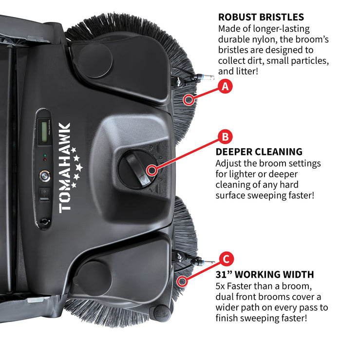Tomahawk 30" Battery Powered Push Sweeper with Triple Power Brooms Electric Drive and Dust Suppression eTOS30