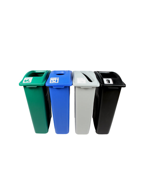 Busch Systems WASTE WATCHER - Quad - Kit - Cans & Bottles-Paper-Organics-Waste - Circle-Slot-Full - Blue-Grey-Green-Black