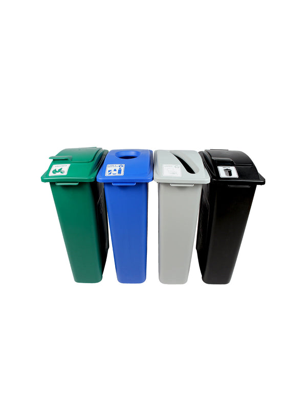 Busch Systems WASTE WATCHER - Quad - Kit - Cans & Bottles-Paper-Organics-Waste - Circle-Slot-Solid Lift-Solid Lift - Blue-Grey-Green-Black