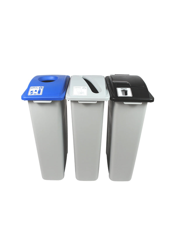 Busch Systems WASTE WATCHER - Triple - Kit - Cans & Bottles-Paper-Waste - Circle-Slot-Solid Lift - Grey-Blue-Grey-Black