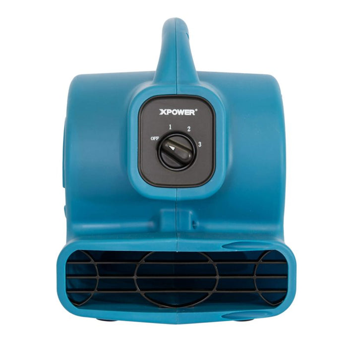 XPOWER P-80A-Blue Mini Air Mover – 600 CFM Utility Fan with 3 Speeds & Built-In Power Outlets for Tight Space Drying
