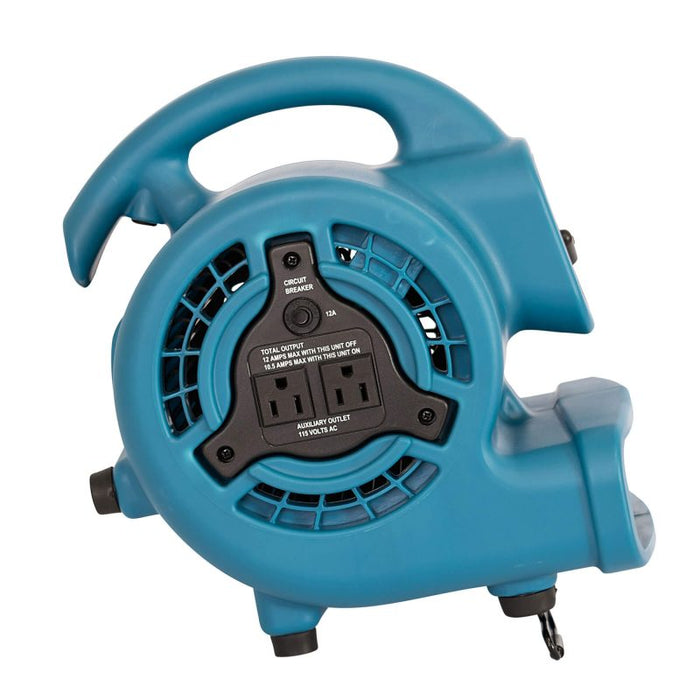 XPOWER P-80A-Blue Mini Air Mover – 600 CFM Utility Fan with 3 Speeds & Built-In Power Outlets for Tight Space Drying