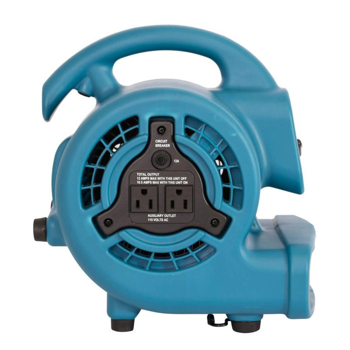 XPOWER P-80A-Blue Mini Air Mover – 600 CFM Utility Fan with 3 Speeds & Built-In Power Outlets for Tight Space Drying