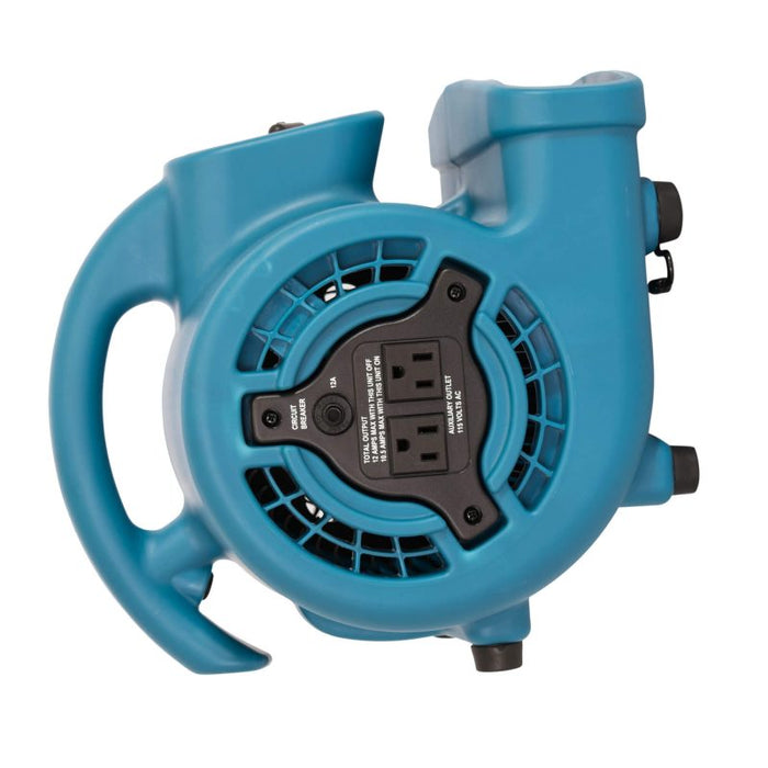 XPOWER P-80A-Blue Mini Air Mover – 600 CFM Utility Fan with 3 Speeds & Built-In Power Outlets for Tight Space Drying