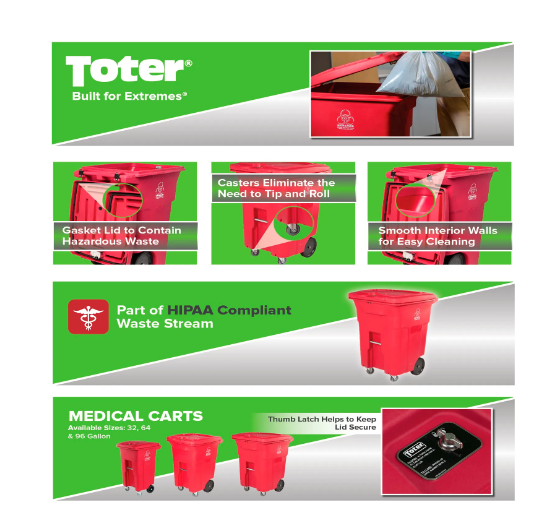 Toter Regulated Medical Waste Cart With Bio Hazard Logo, 32 Gallon - Red RMN32-00RED