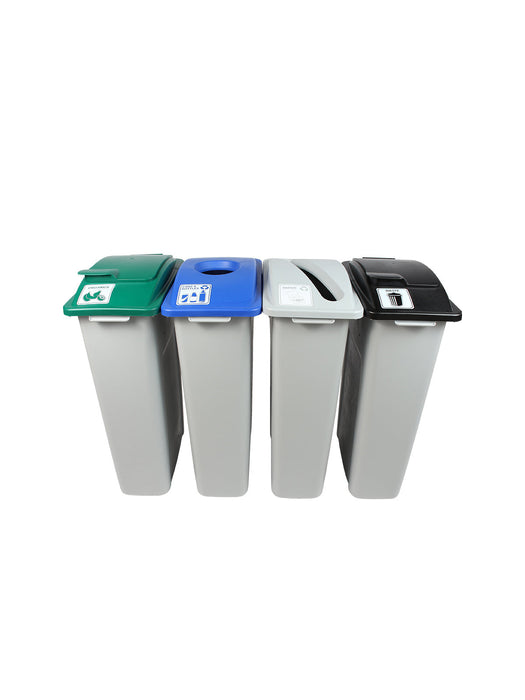 Busch Systems WASTE WATCHER - Quad - Kit - Cans & Bottles-Paper-Compost-Waste - Circle-Slot-Solid Lift-Solid Lift - Grey-Blue-Grey-Green-Black