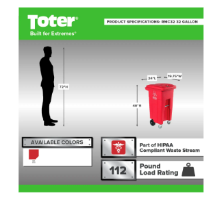 Toter Regulated Medical Waste Cart With Bio Hazard Logo and Casters, 32 Gallon - Red RMC32-00RED