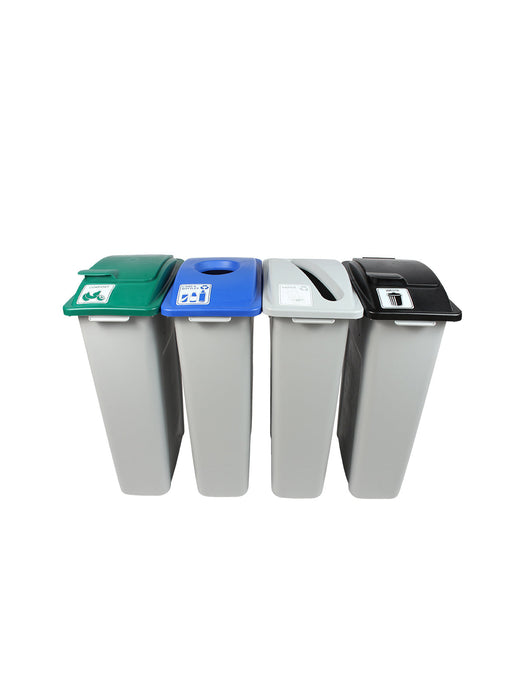 Busch Systems WASTE WATCHER - Quad - Kit - Cans & Bottles-Paper-Organics-Waste - Circle-Slot-Solid Lift-Solid Lift - Grey-Blue-Grey-Green-Black