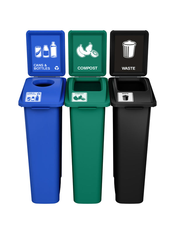 Busch Systems WASTE WATCHER - Triple - Kit - Cans & Bottles-Compost-Waste - Circle-Full - Blue-Green-Black
