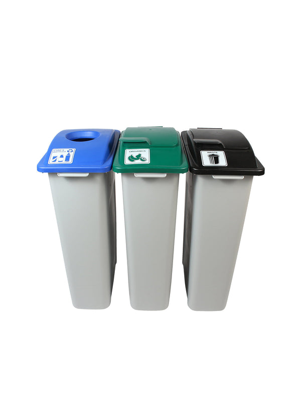 Busch Systems WASTE WATCHER - Triple - Kit - Cans & Bottles-Organics-Waste - Circle-Solid Lift-Solid Lift - Grey-Blue-Green-Black