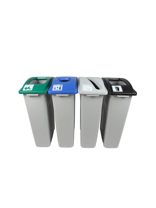 Busch Systems WASTE WATCHER - Quad - Kit - Cans & Bottles-Paper-Compost-Waste - Circle-Slot-Full - Grey-Blue-Grey-Green-Black
