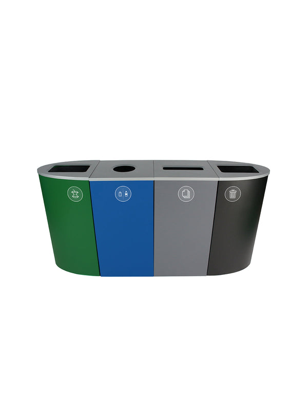 Busch Systems SPECTRUM - Quad - Kit - Organics-Cans & Bottles-Paper-Waste - Full-Circle-Slot-Full - Dark Green-Blue-Grey-Black